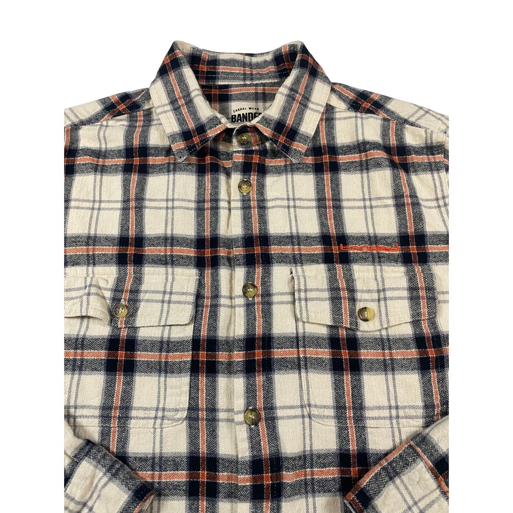 Banded Mens Plaid Flannel Button Up Shirt Cream Navy Orange Long Sleeve Medium